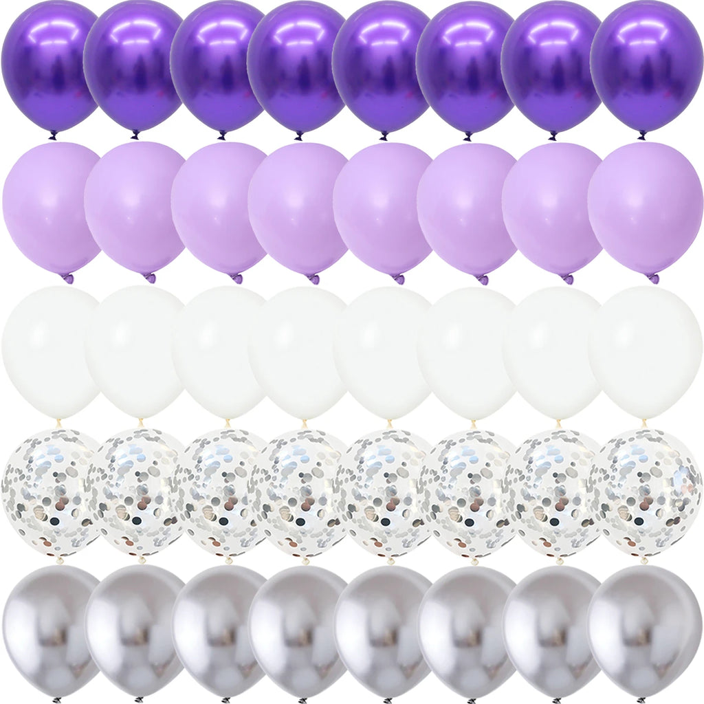 40PCS Silver White Purple Metal Latex balloon for Birthday Party Decorations