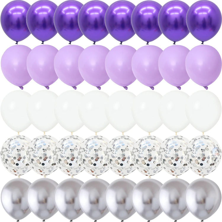 40PCS Silver White Purple Metal Latex balloon for Birthday Party Decorations