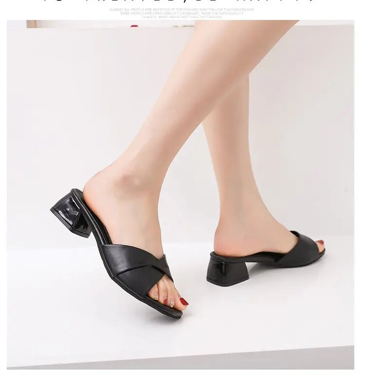 Simple Leather Square Heel Shoes Women