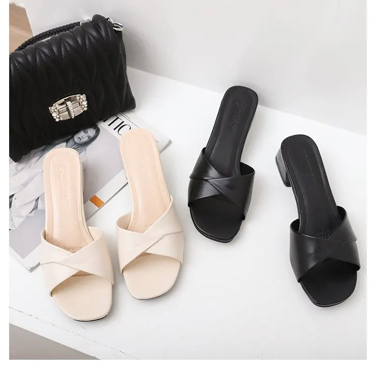 Simple Leather Square Heel Shoes Women