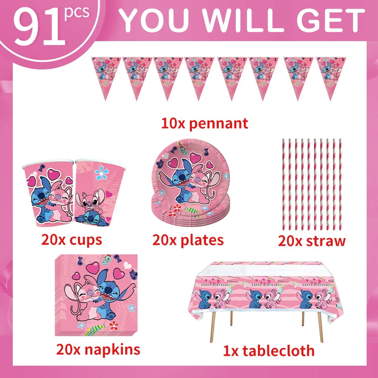 Stitch Party Decoration Set Pink Angel Tableware Paper Napkins Plates Cups