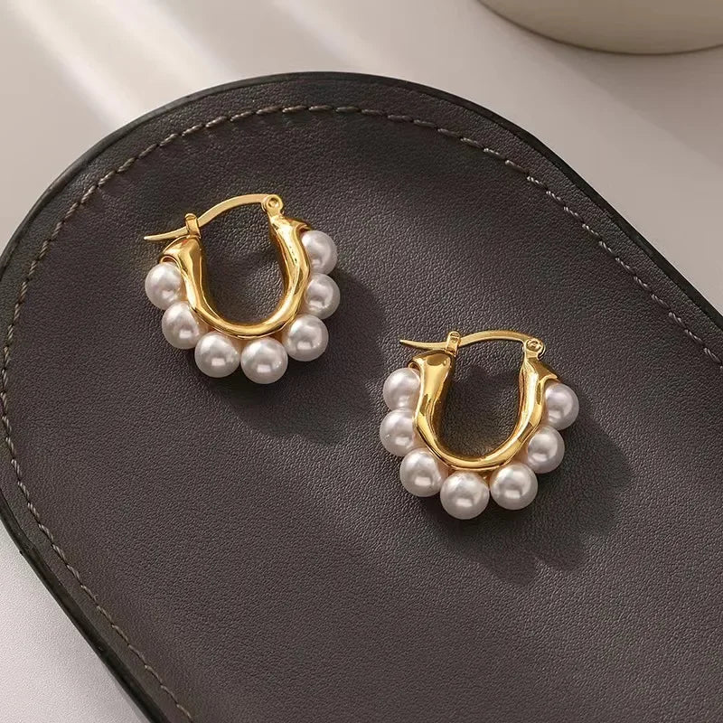 Stylish U-shaped Hoop Earrings Gold Color Elegant Imitation Pearl Earrings