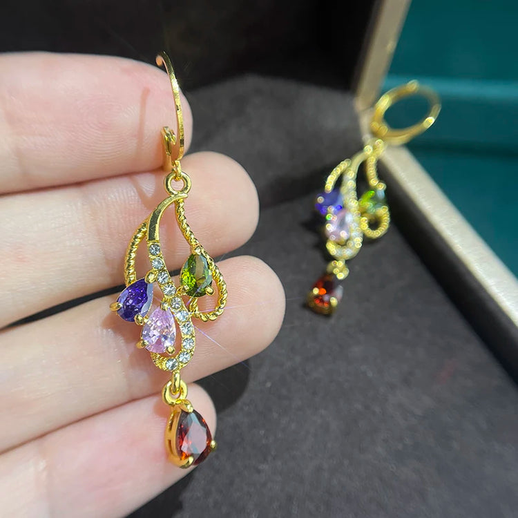 Bohemian Style Colored Zircon Earrings, Elegant and Luxurious Jewelry,