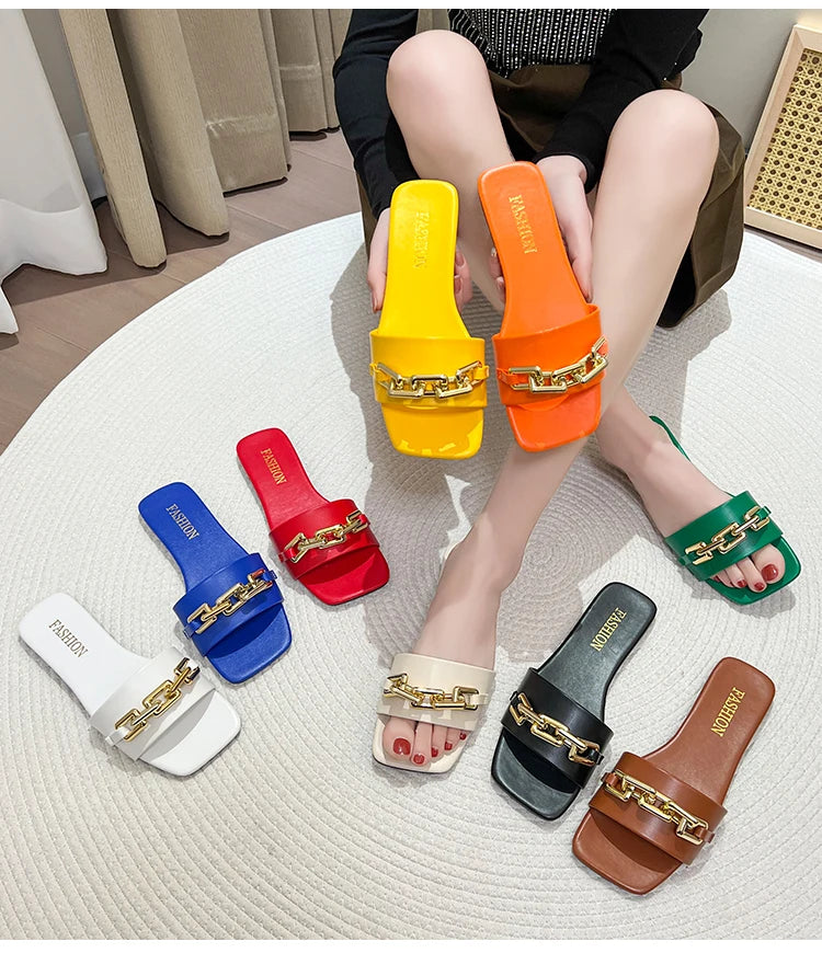 Luxury Square Toe Chain Design Sandals for Women