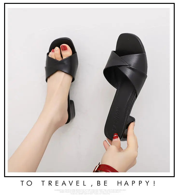 Simple Leather Square Heel Shoes Women