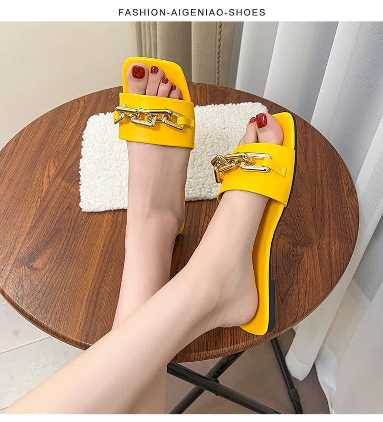 Luxury Square Toe Chain Design Sandals for Women