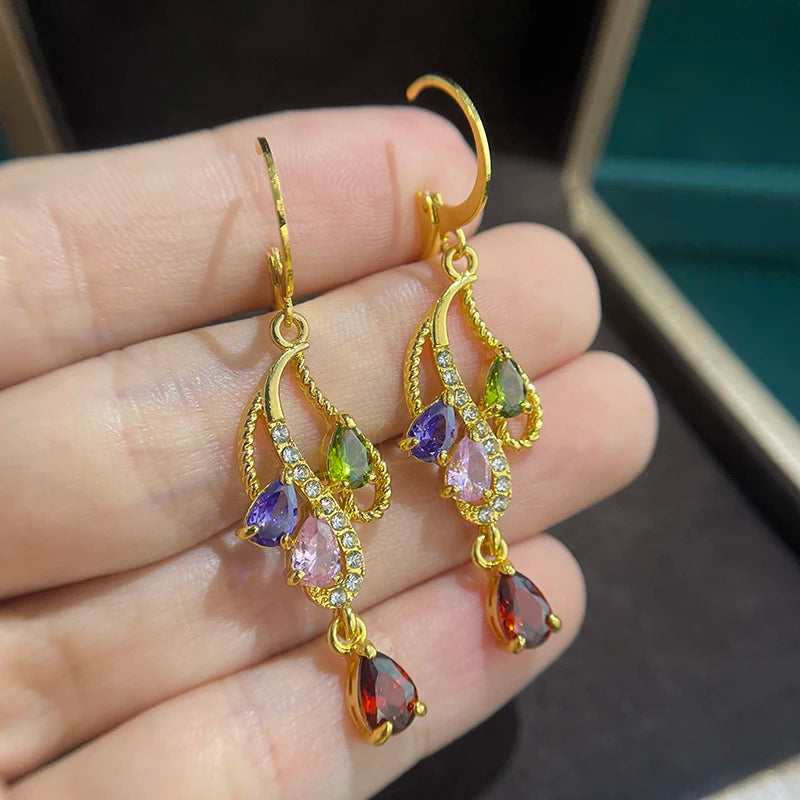 Bohemian Style Colored Zircon Earrings, Elegant and Luxurious Jewelry,