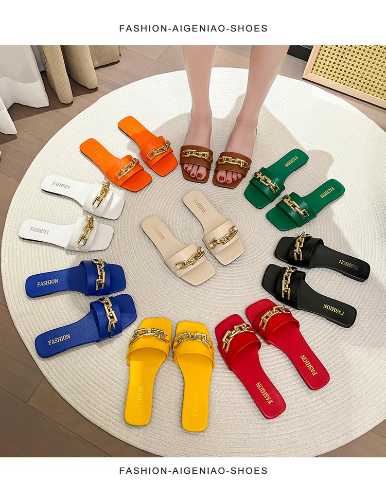 Luxury Square Toe Chain Design Sandals for Women