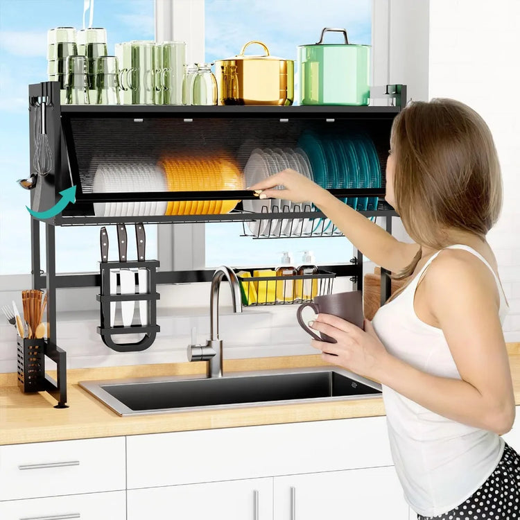 Kitchen Dish Rack Drying Shelf Adjustable Dustproof Cabinet Stainless Steel