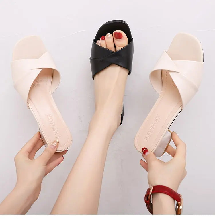 Simple Leather Square Heel Shoes Women