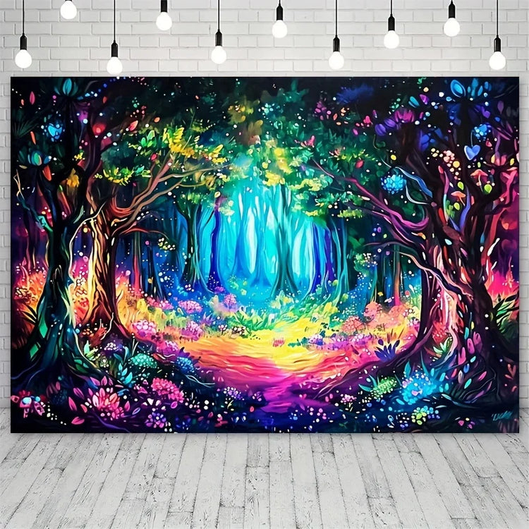 Magical forest with neon background cloth psychedelic plant wall hanging