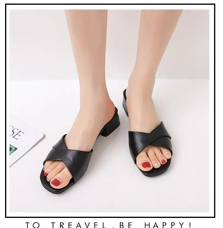 Simple Leather Square Heel Shoes Women