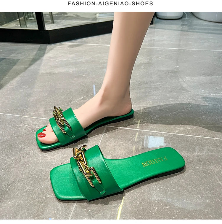 Luxury Square Toe Chain Design Sandals for Women