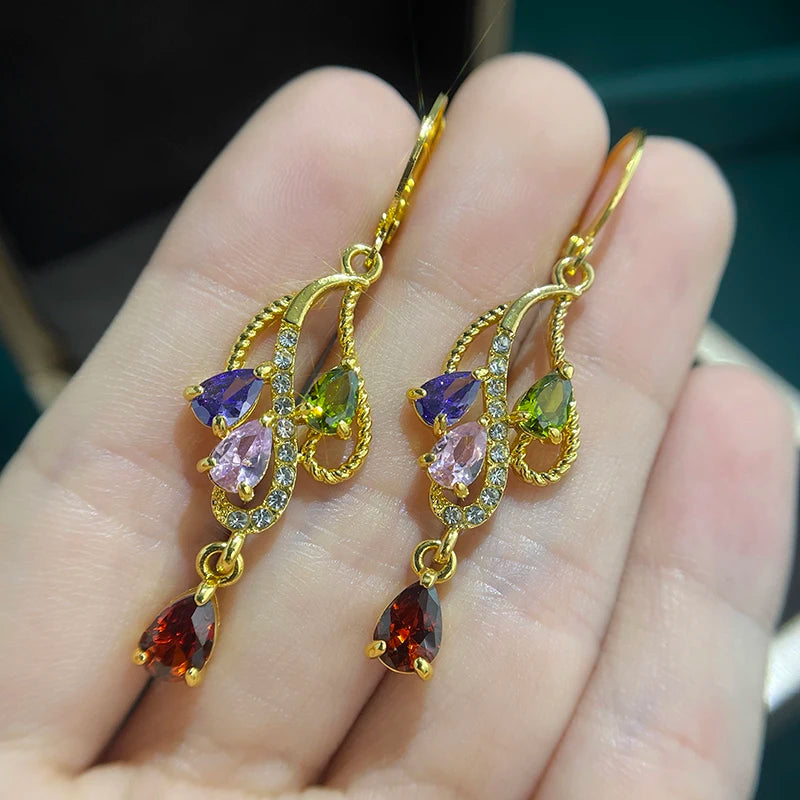 Bohemian Style Colored Zircon Earrings, Elegant and Luxurious Jewelry,