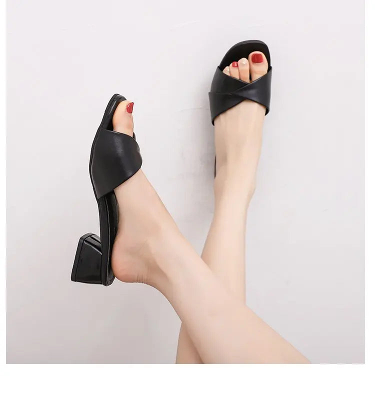 Simple Leather Square Heel Shoes Women