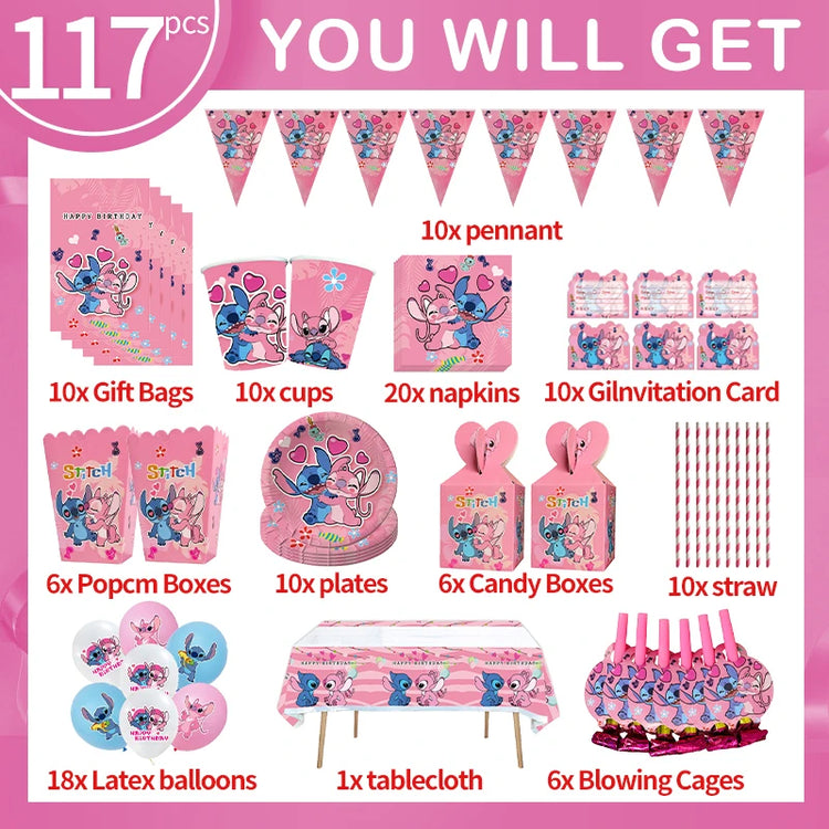 Stitch Party Decoration Set Pink Angel Tableware Paper Napkins Plates Cups