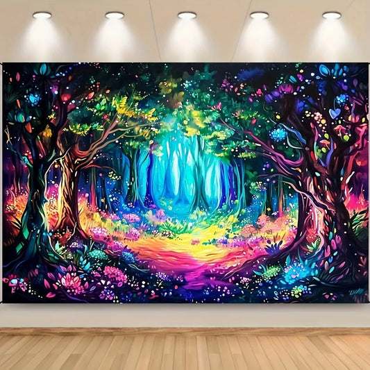 Magical forest with neon background cloth psychedelic plant wall hanging