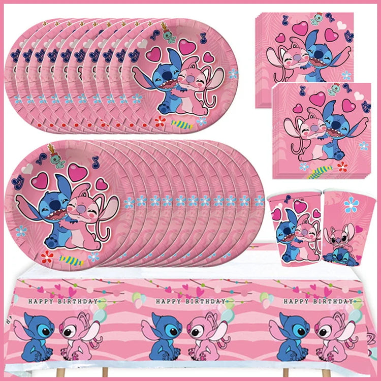 Stitch Party Decoration Set Pink Angel Tableware Paper Napkins Plates Cups