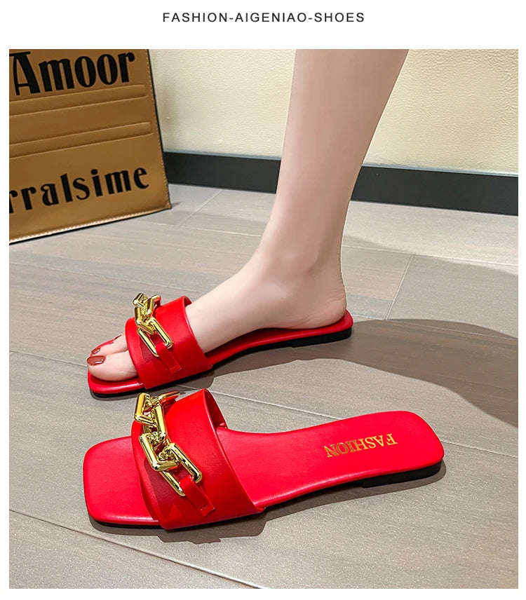 Luxury Square Toe Chain Design Sandals for Women