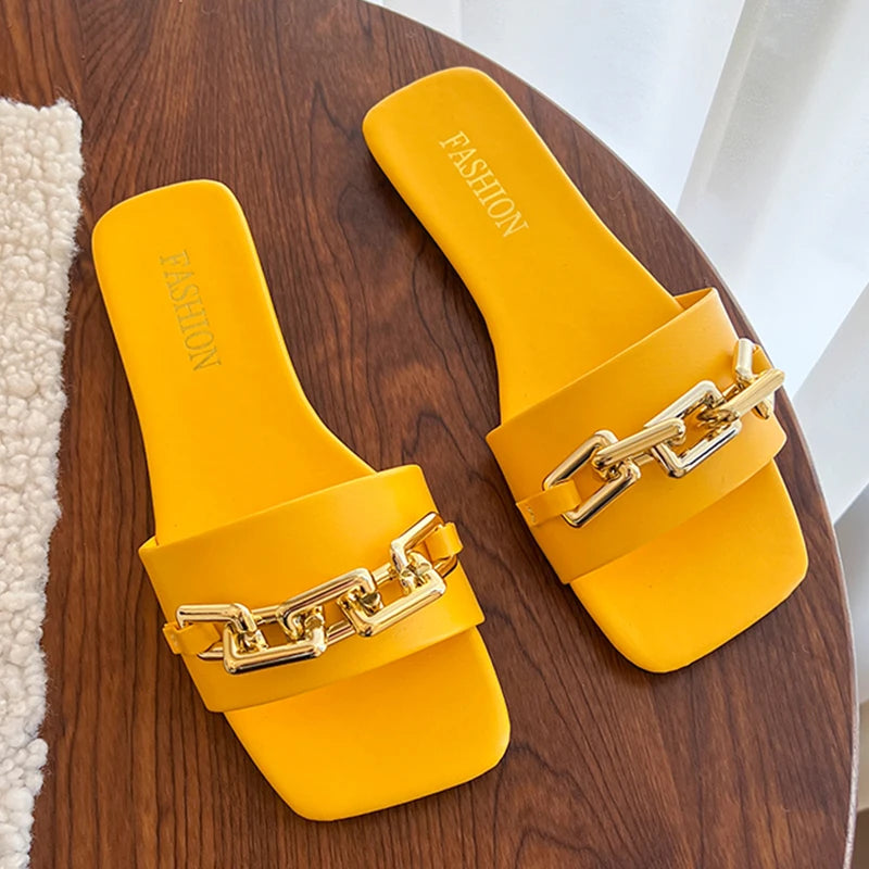 Luxury Square Toe Chain Design Sandals for Women