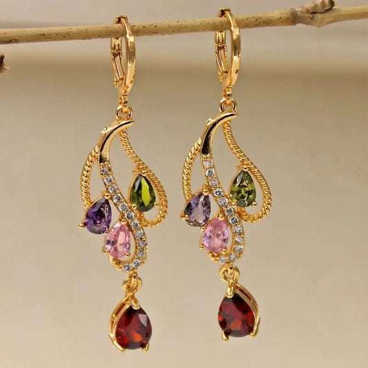 Bohemian Style Colored Zircon Earrings, Elegant and Luxurious Jewelry,