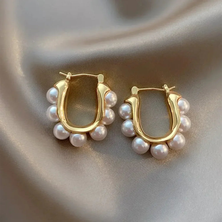 Stylish U-shaped Hoop Earrings Gold Color Elegant Imitation Pearl Earrings