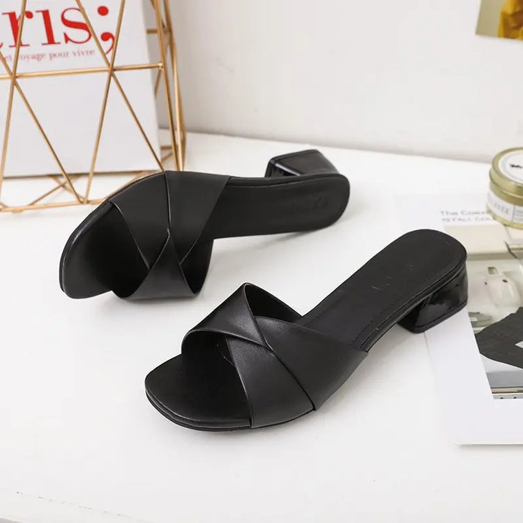 Simple Leather Square Heel Shoes Women