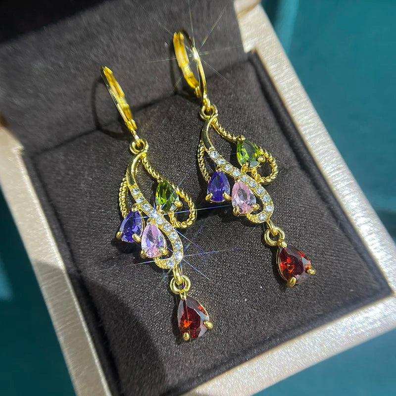 Bohemian Style Colored Zircon Earrings, Elegant and Luxurious Jewelry,