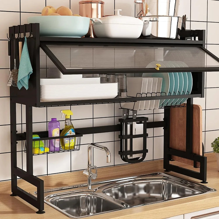 Kitchen Dish Rack Drying Shelf Adjustable Dustproof Cabinet Stainless Steel