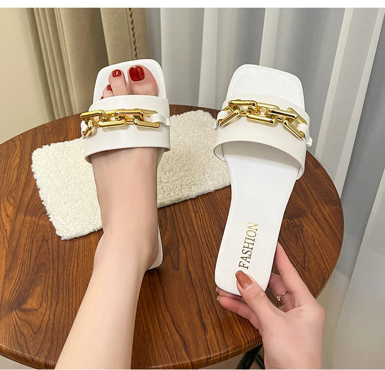 Luxury Square Toe Chain Design Sandals for Women