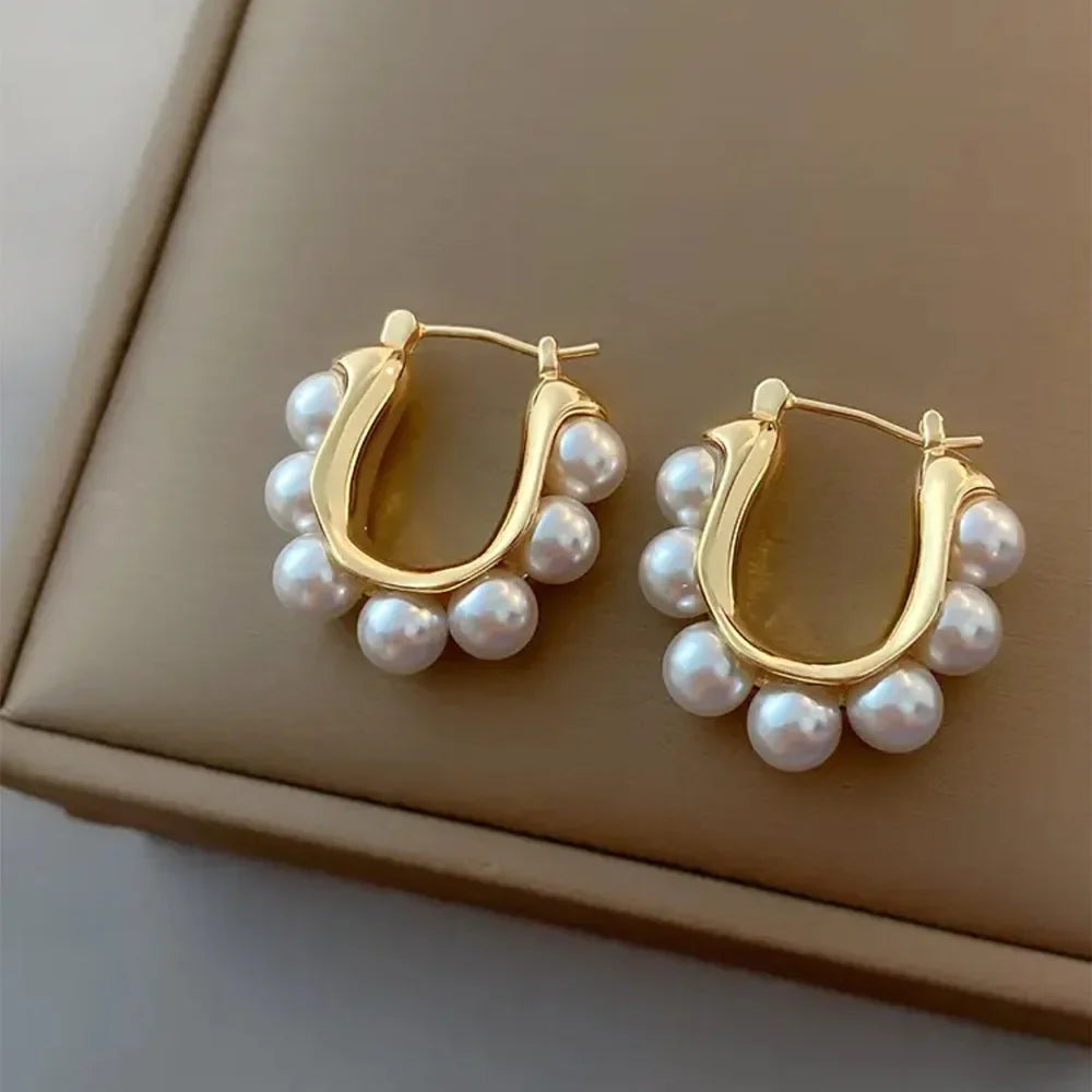 Stylish U-shaped Hoop Earrings Gold Color Elegant Imitation Pearl Earrings