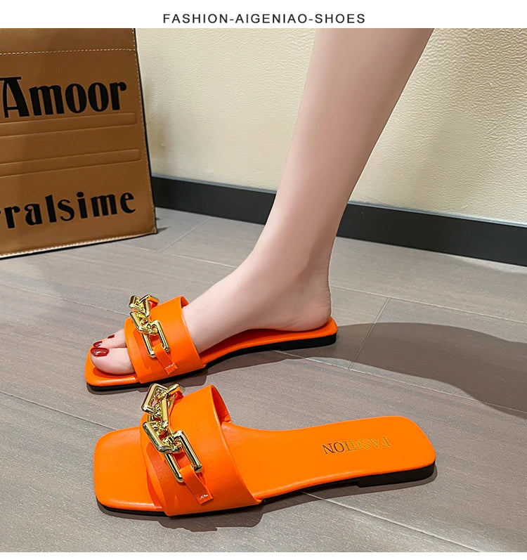 Luxury Square Toe Chain Design Sandals for Women