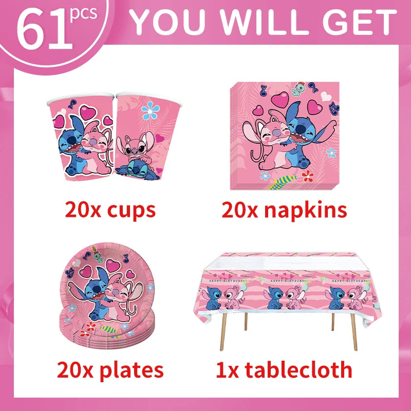 Stitch Party Decoration Set Pink Angel Tableware Paper Napkins Plates Cups