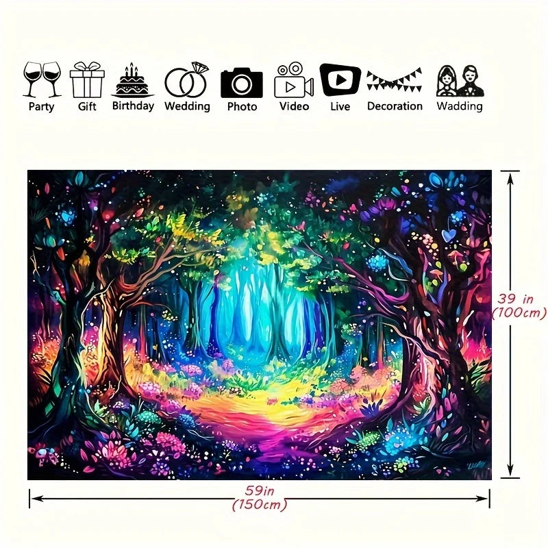 Magical forest with neon background cloth psychedelic plant wall hanging