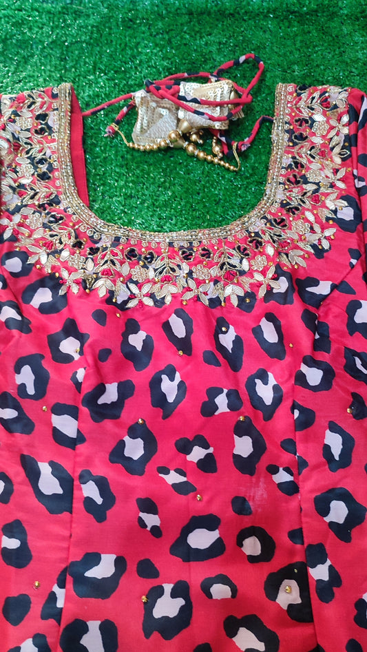 Masleen silk beautiful print shirt neck handwork plan salwar chinon dupata four side lace size 42 & 43