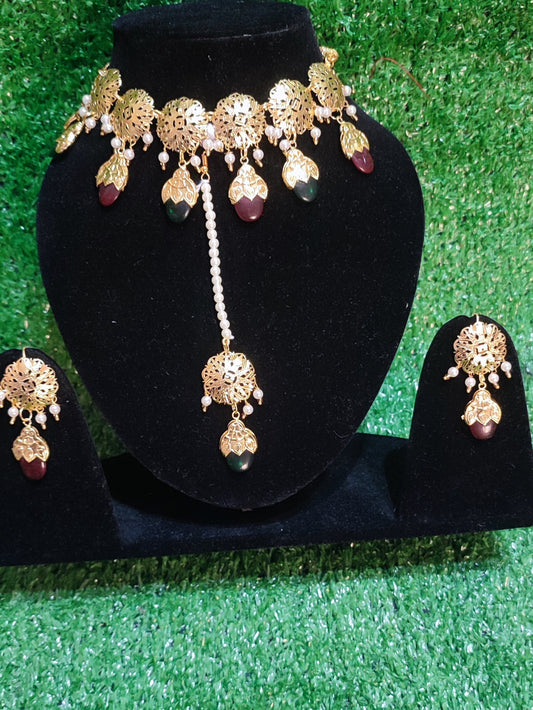 Traditional necklace earring with tikka colour mehroon with green gold polish