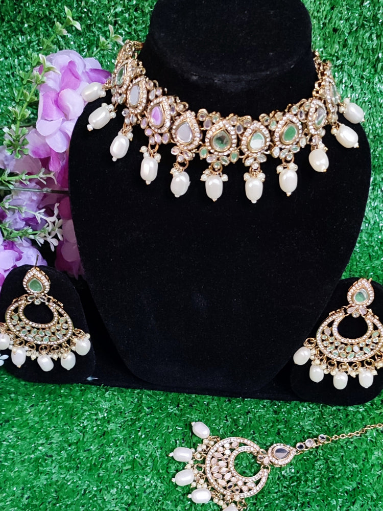 Stylish Mirror Set Necklace, Earing with Tikka