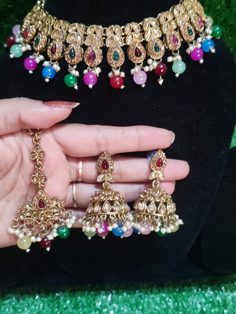 Polki necklace chumki with tikka multicolour beautiful design