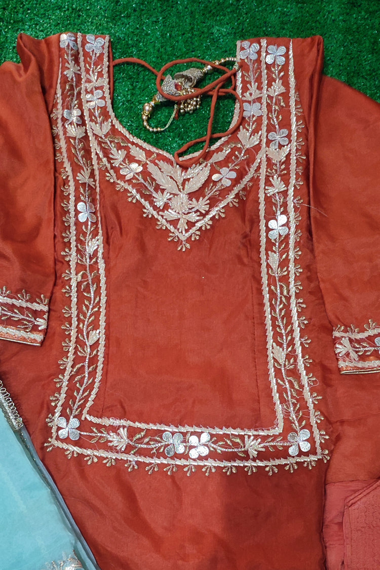 Soft orgenja shirt with silk salwar ,orgenja dupata four side lace work size 42(XL)