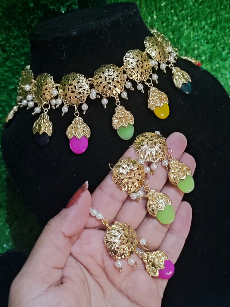 Traditional set necklace earring with tikka multicolour