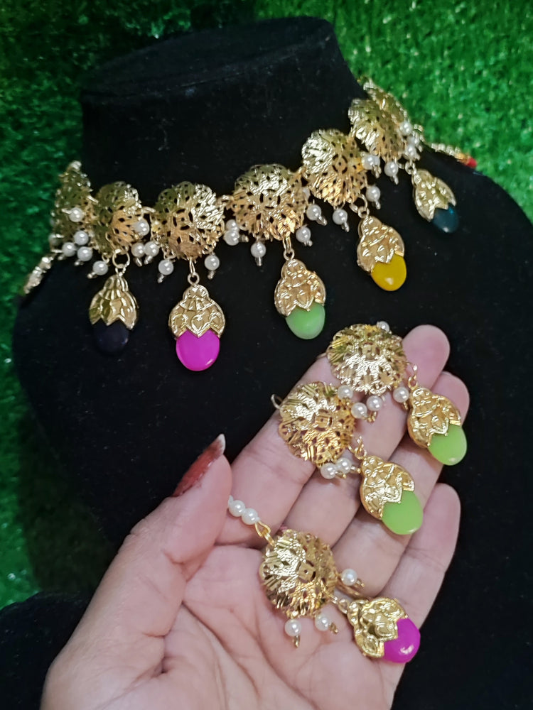 Traditional set necklace earring with tikka multicolour