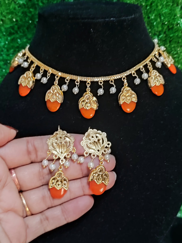 Dakha wala set most popular neckline with earring gold polish Orange colour