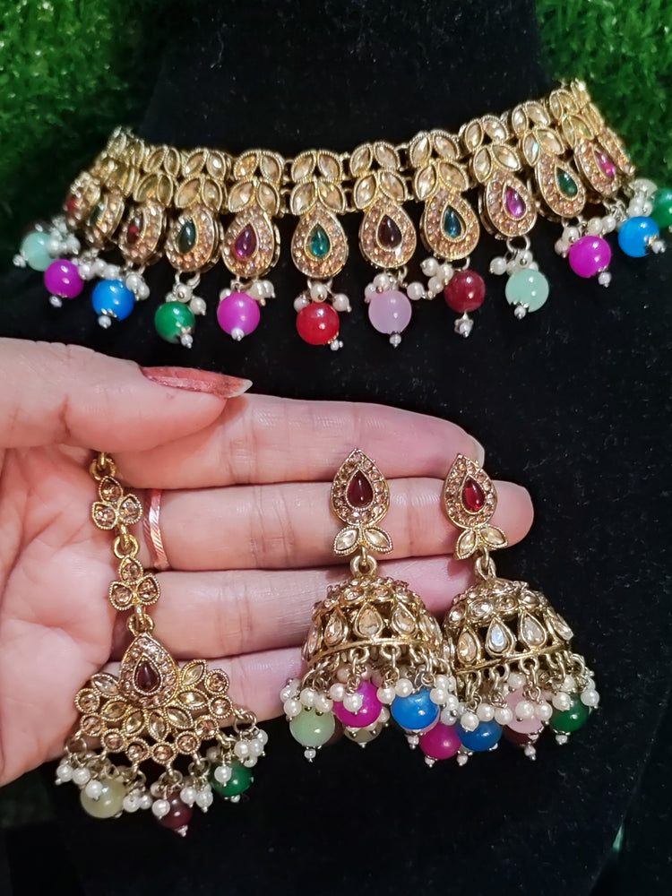 Polki necklace chumki with tikka multicolour beautiful design