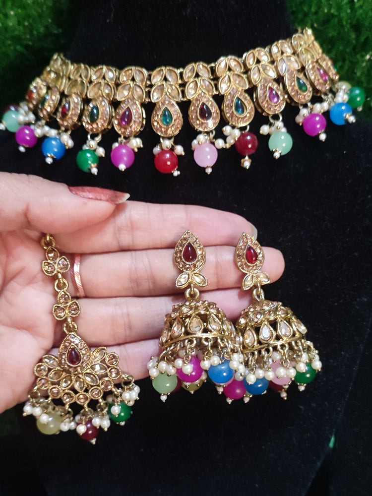 Polki necklace chumki with tikka multicolour beautiful design