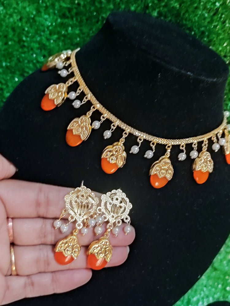 Dakha wala set most popular neckline with earring gold polish Orange colour