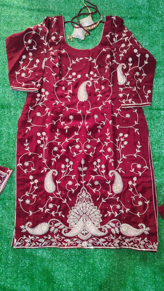 Pure creve farkabadi work shirts  full farkabadi work chinon dupatta plan pure creve salwar, dark mehroon colour size 44(XXL)