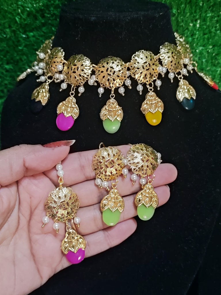 Traditional set necklace earring with tikka multicolour