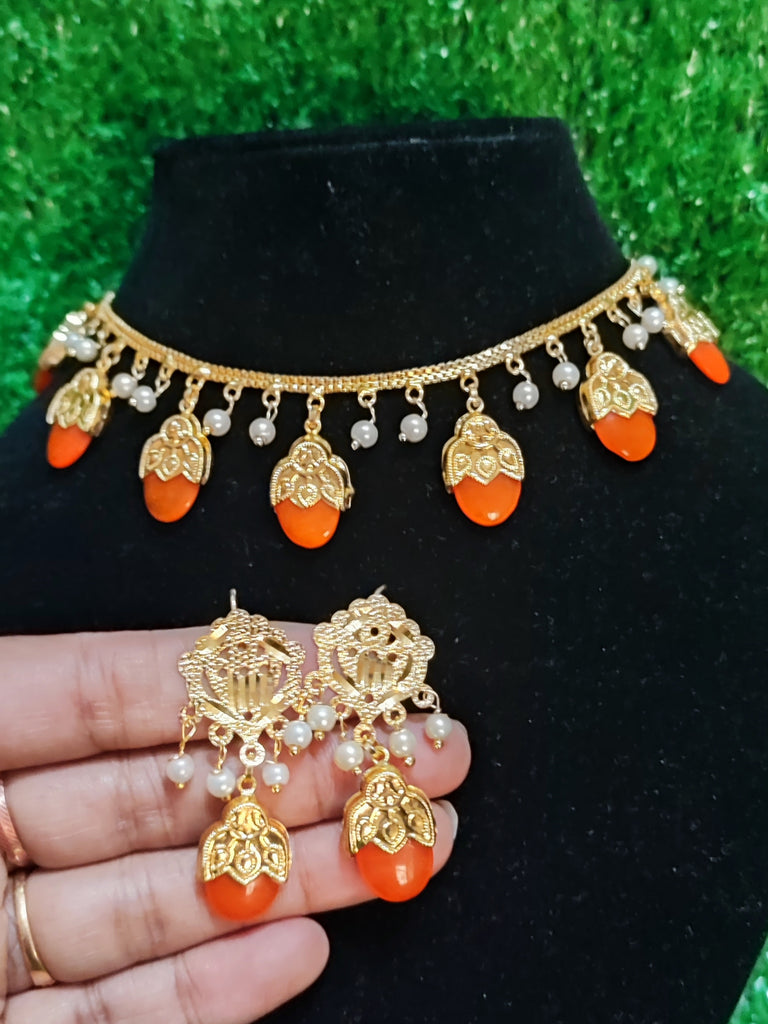 Dakha wala set most popular neckline with earring gold polish Orange colour