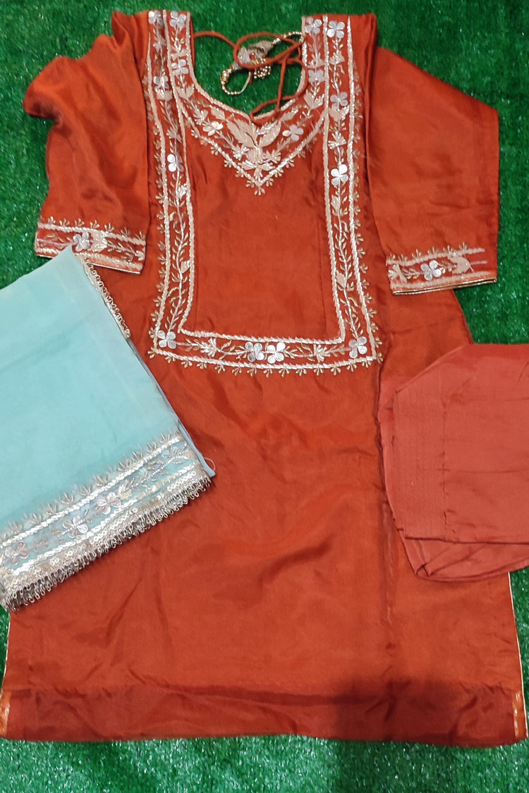 Soft orgenja shirt with silk salwar ,orgenja dupata four side lace work size 42(XL)