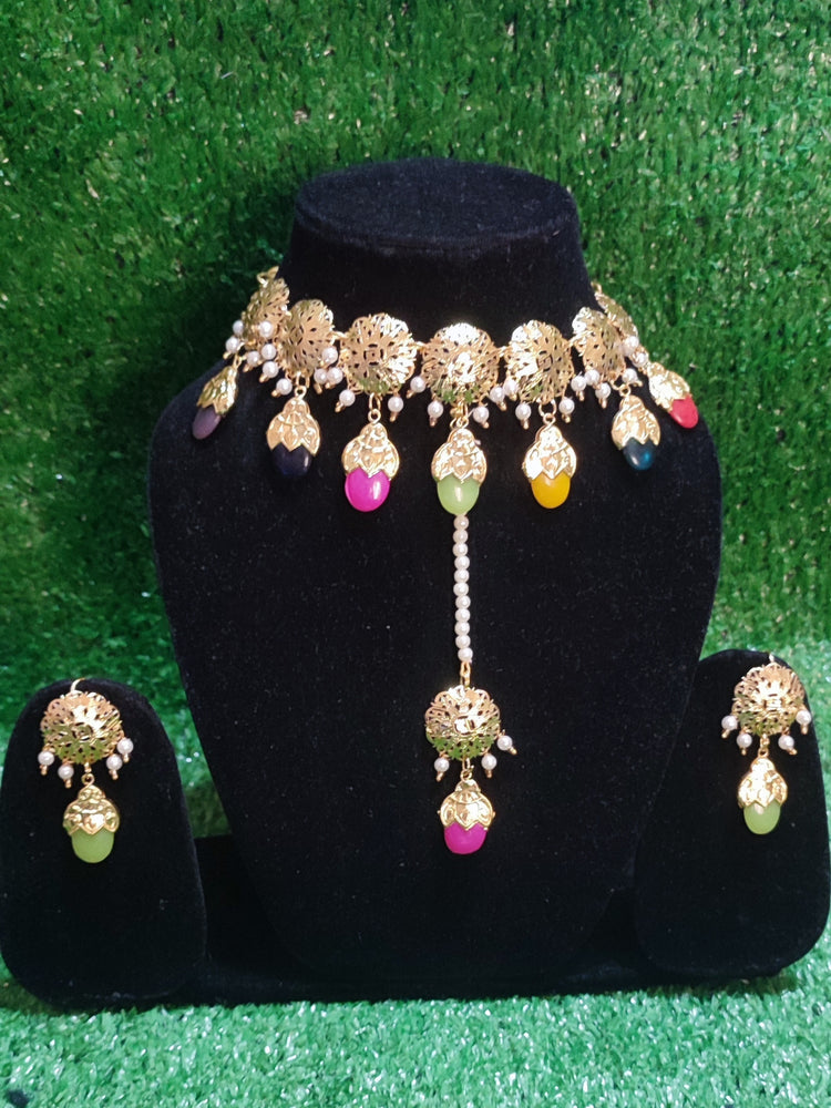 Traditional set necklace earring with tikka multicolour